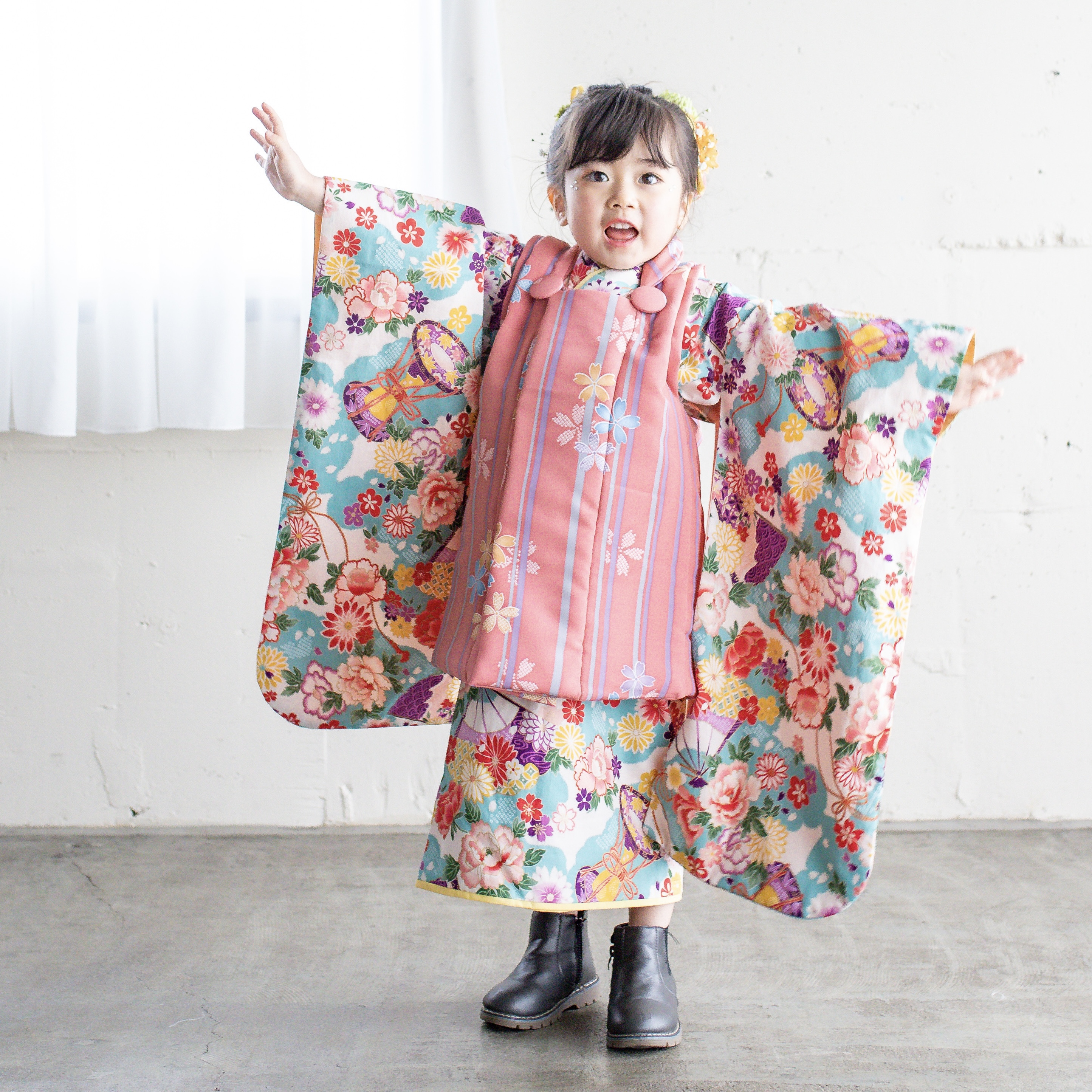 【レンタル】３歳着物セット／あおつづみ 千歳飴袋: なし