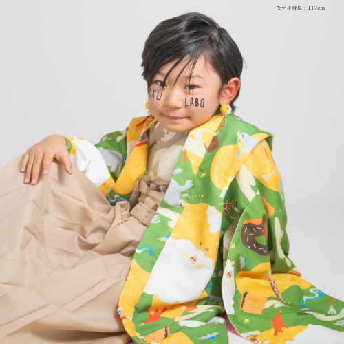 【レンタル】５歳着物セット／animal（グリーン） 千歳飴袋: なし