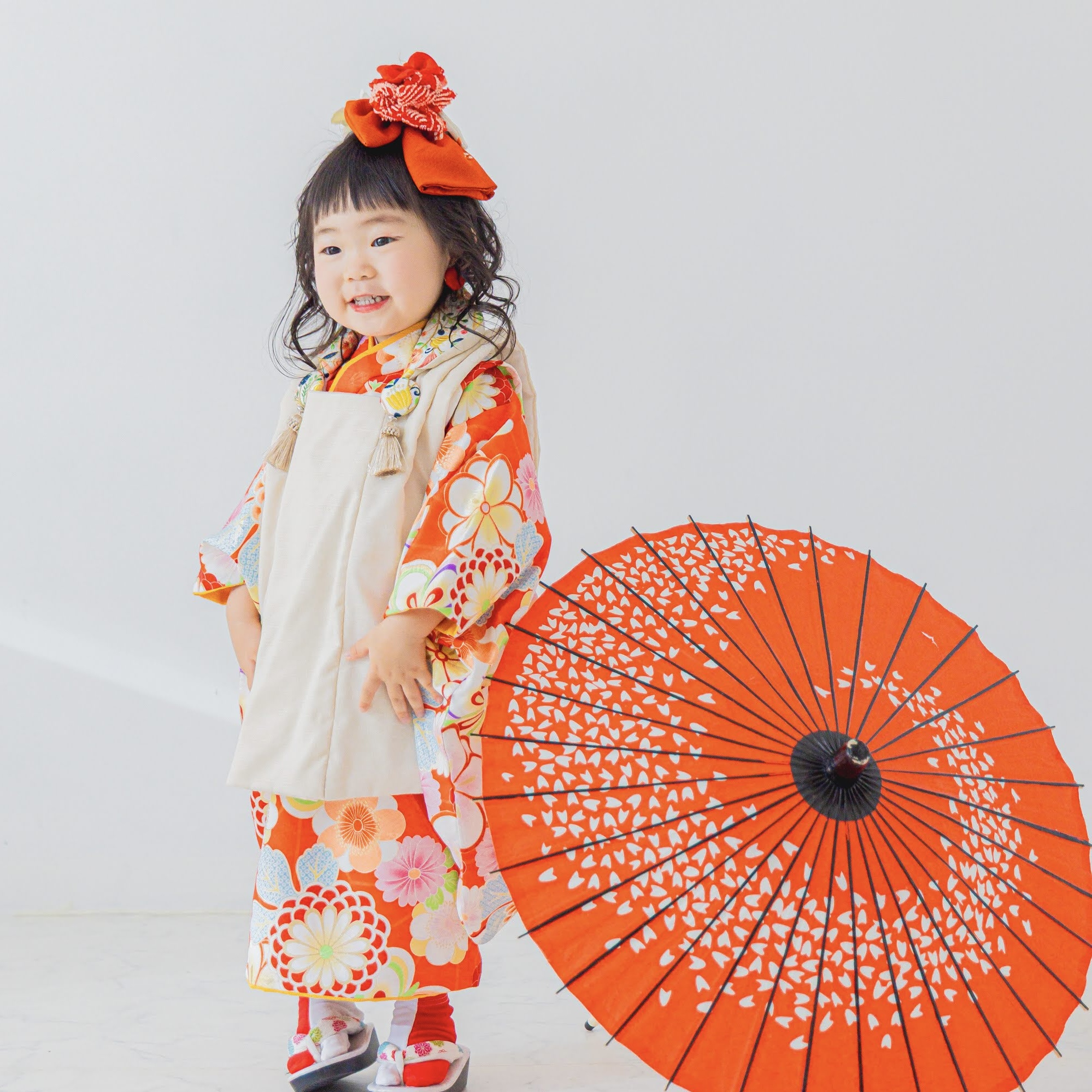 【レンタル】３歳着物セット／和 -おれんじ- サイズ: 90size, 千歳飴袋: なし