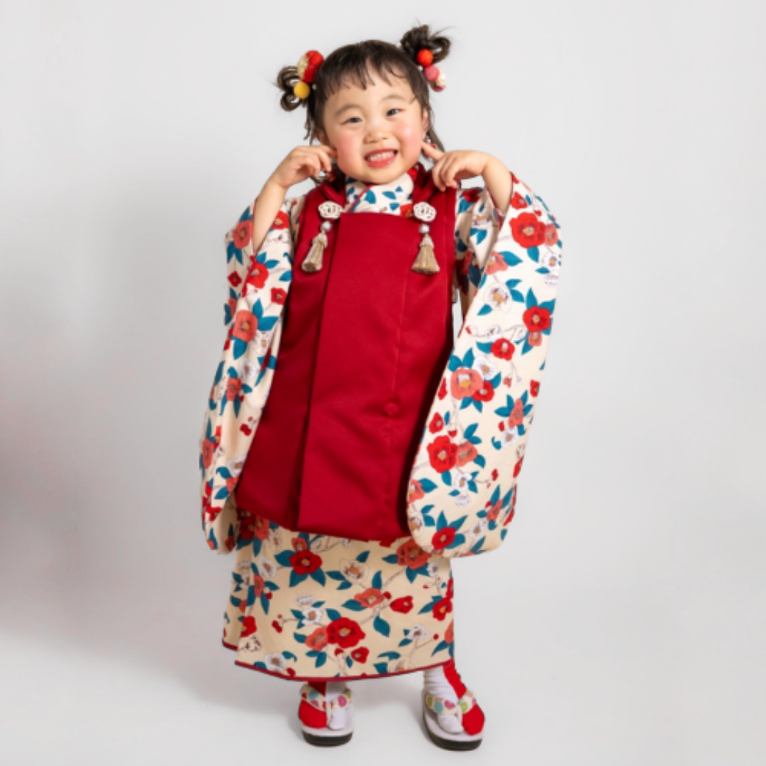 【レンタル】３歳着物セット／レトロつばき 千歳飴袋: なし