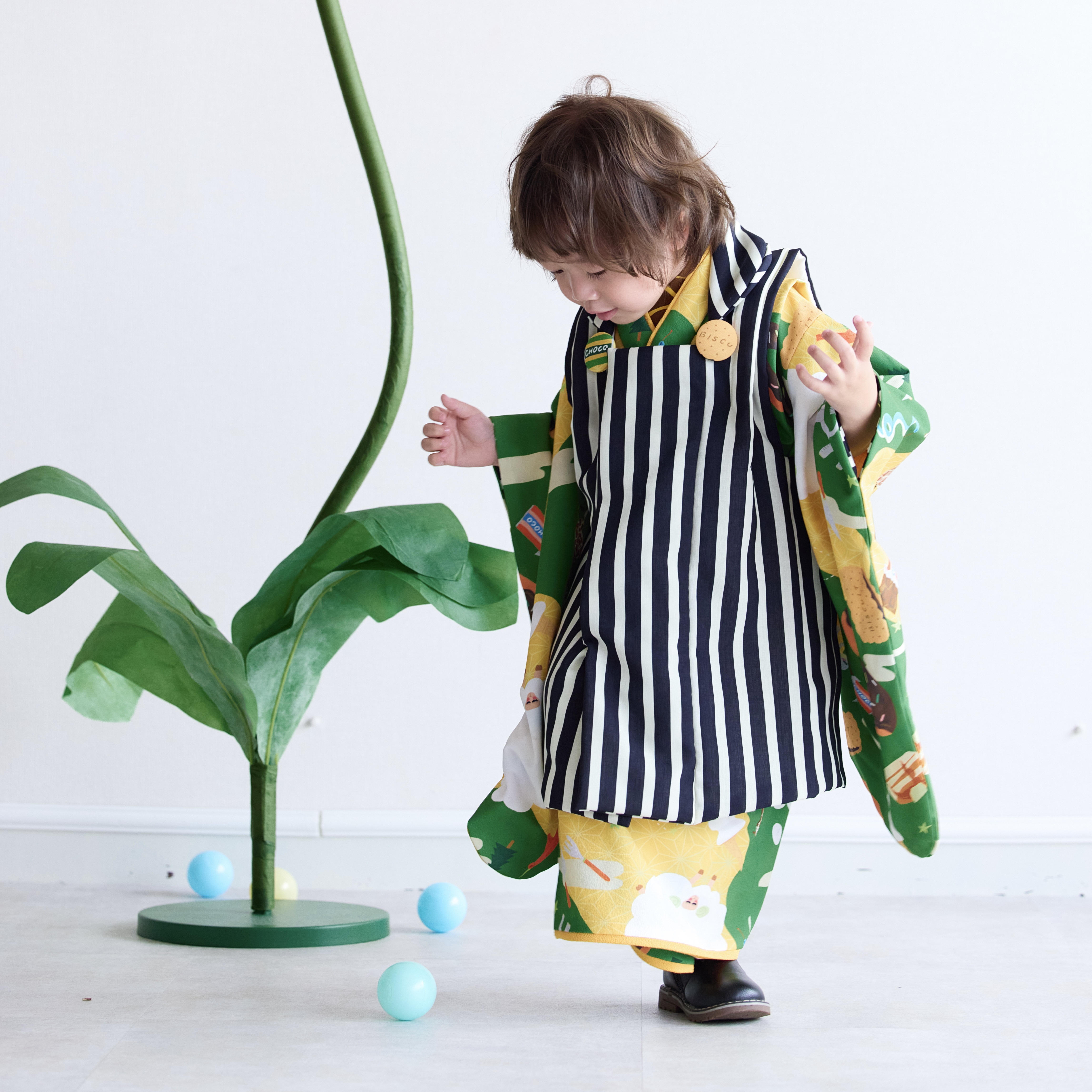 【レンタル】３歳着物セット／animal（グリーン） 千歳飴袋: なし, お色直し（被布・エプロン追加）: なし