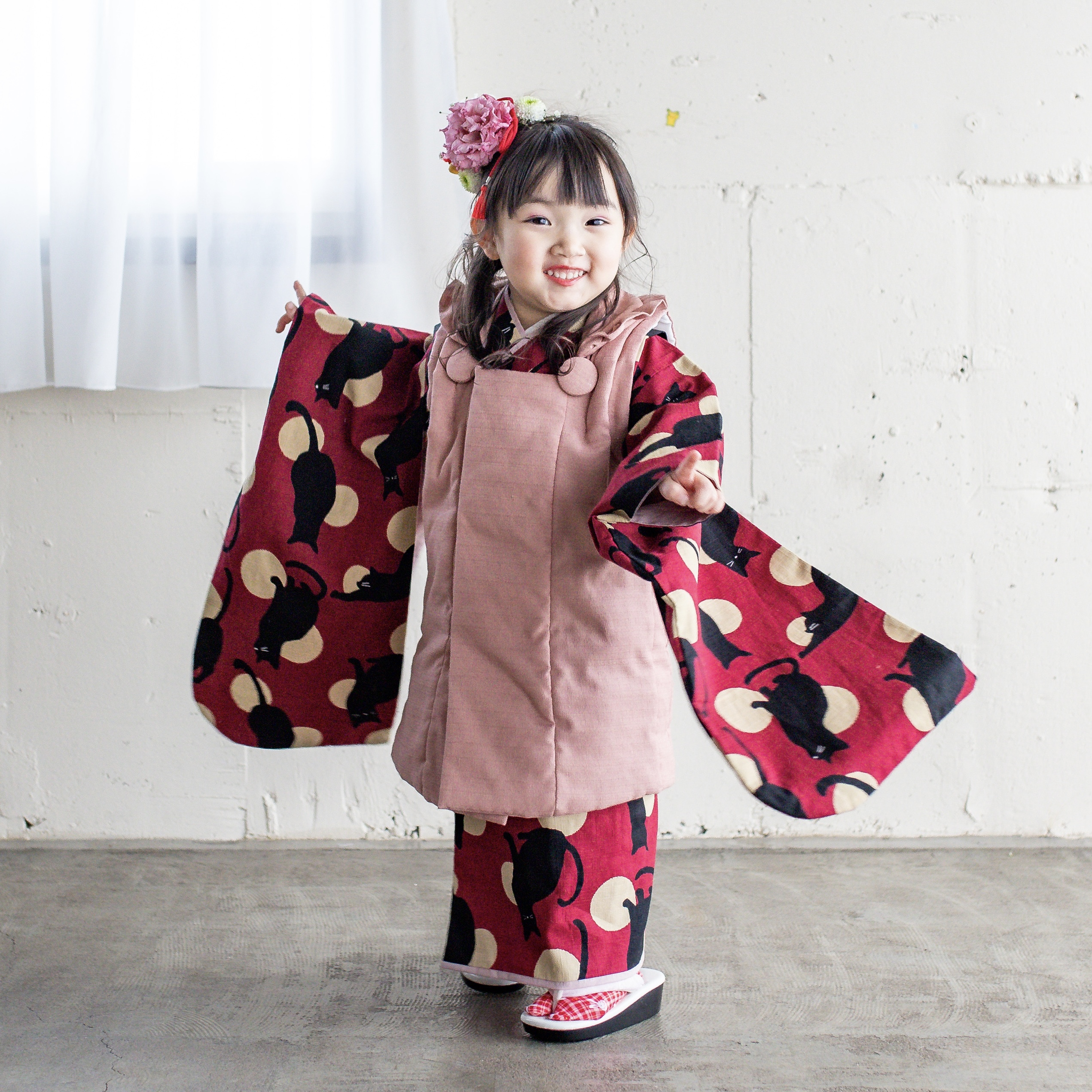 【レンタル】３歳着物セット／KURONEKO（ボルドー） 千歳飴袋: なし, お色直し（被布・エプロン追加）: なし