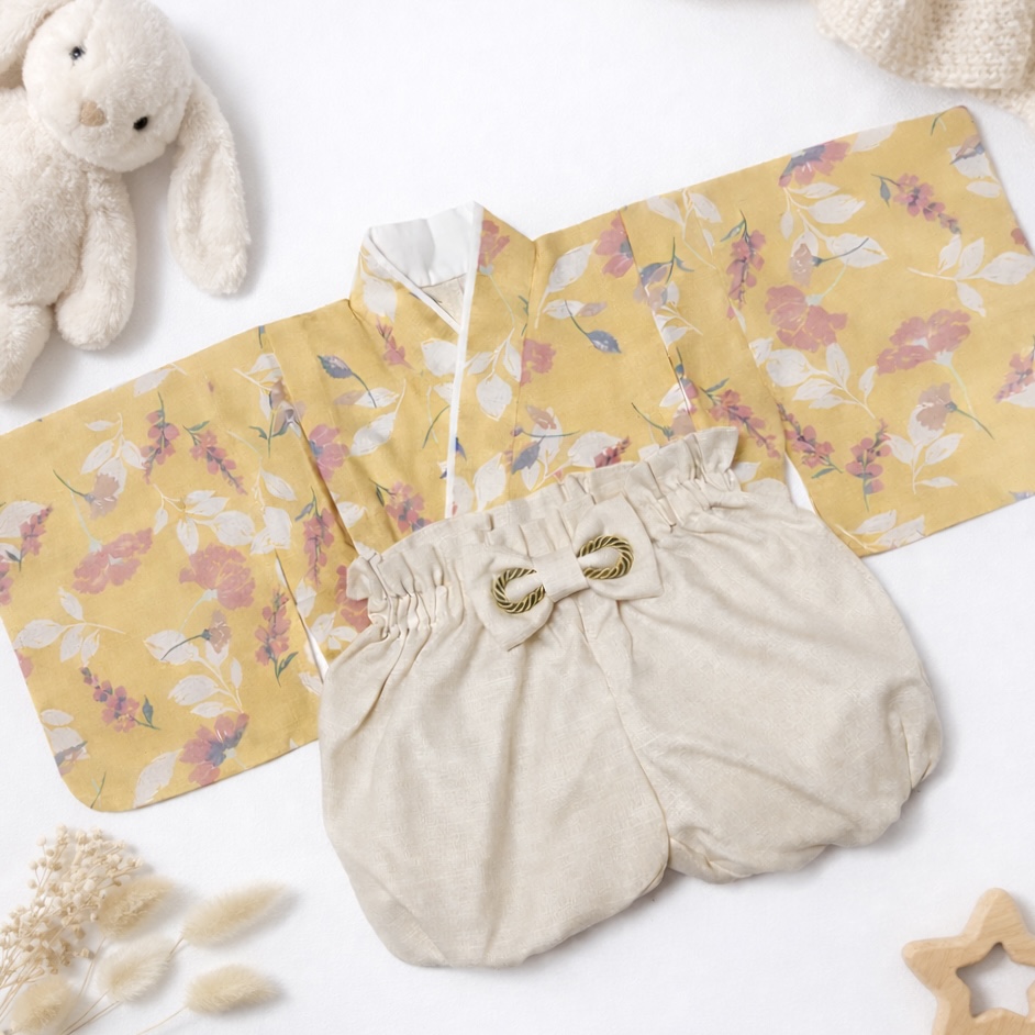 【SALE】ハギレでハカマ／イエロー×フラワー（70-80size）