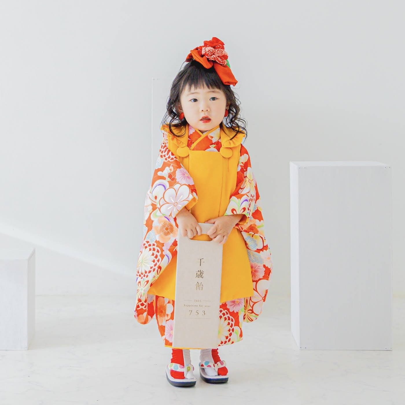 【レンタル】３歳着物セット／和 -おれんじ- サイズ: 90size, 千歳飴袋: なし