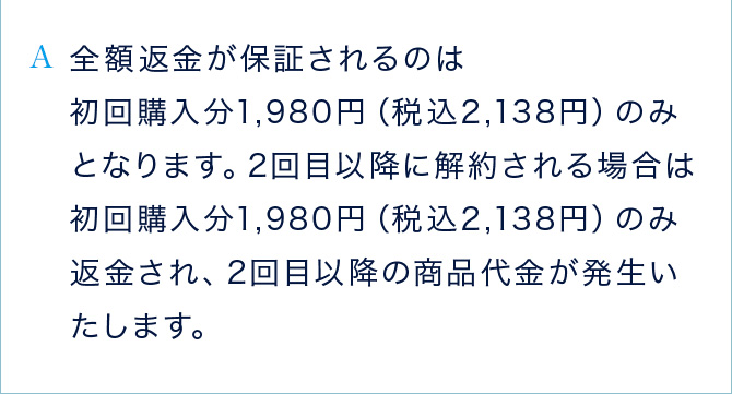 A 全額返金が保証されるのは 初回購入分1,980円（税込2,138円）のみとなります。2回目以降に解約される場合は初回購入分1,980円（税込2,138円）のみ返金され、2回目以降の商品代金が発生いたします。