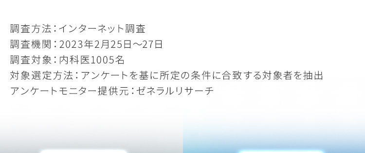 調査方法：インターネット調査 調査機関：2023年2月25日から27日 調査対象：内科医1005名 対象選定方法：アンケートを基に所定の条件に合致する対象者を抽出 アンケートモニター提供元：ゼネラルリサーチ