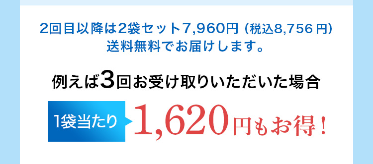 2回目以降は2袋セット7,960円（税込8,756円）送料無料でお届けします。 例えば3回お受け取りいただいた場合 1袋当たり1,620円もお得！