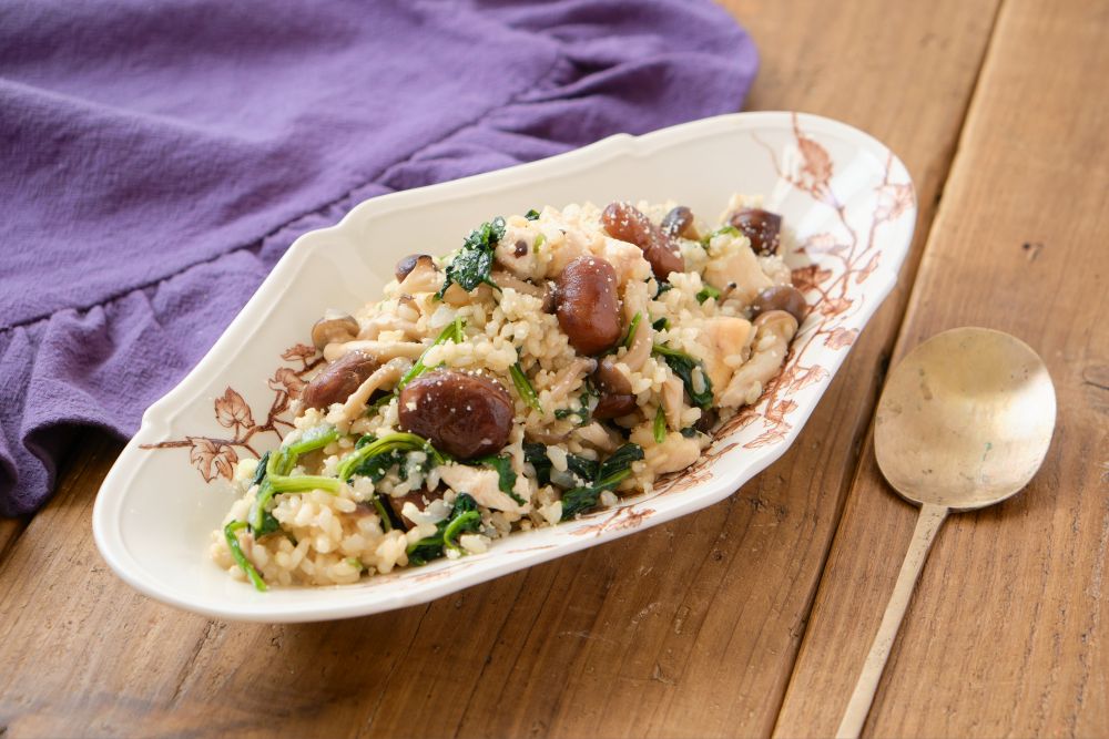 鶏胸肉と甘栗の玄米リゾット