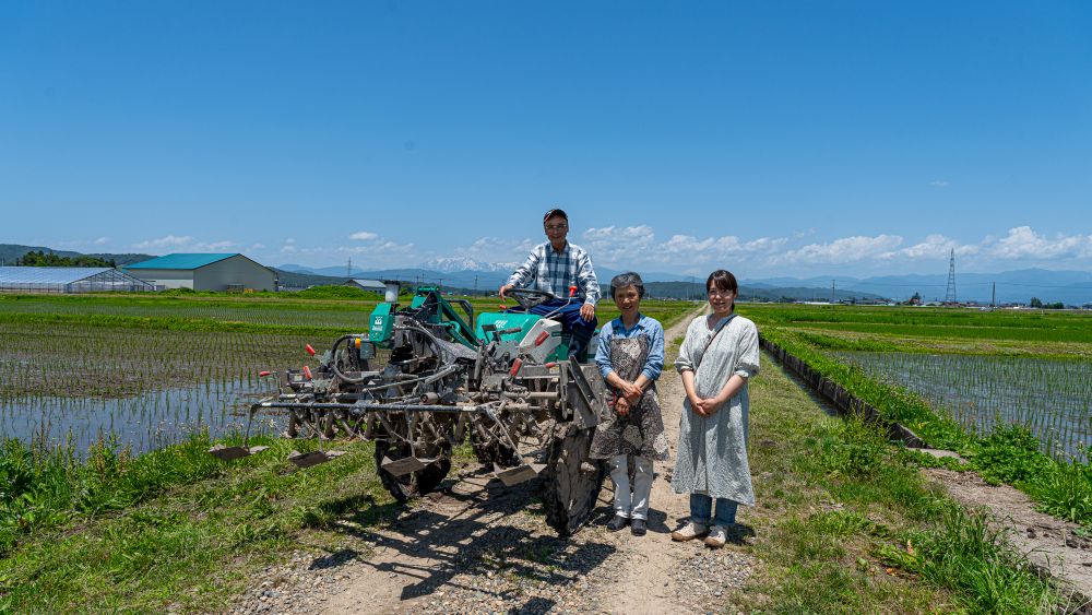 田んぼで作業する家族の様子の写真