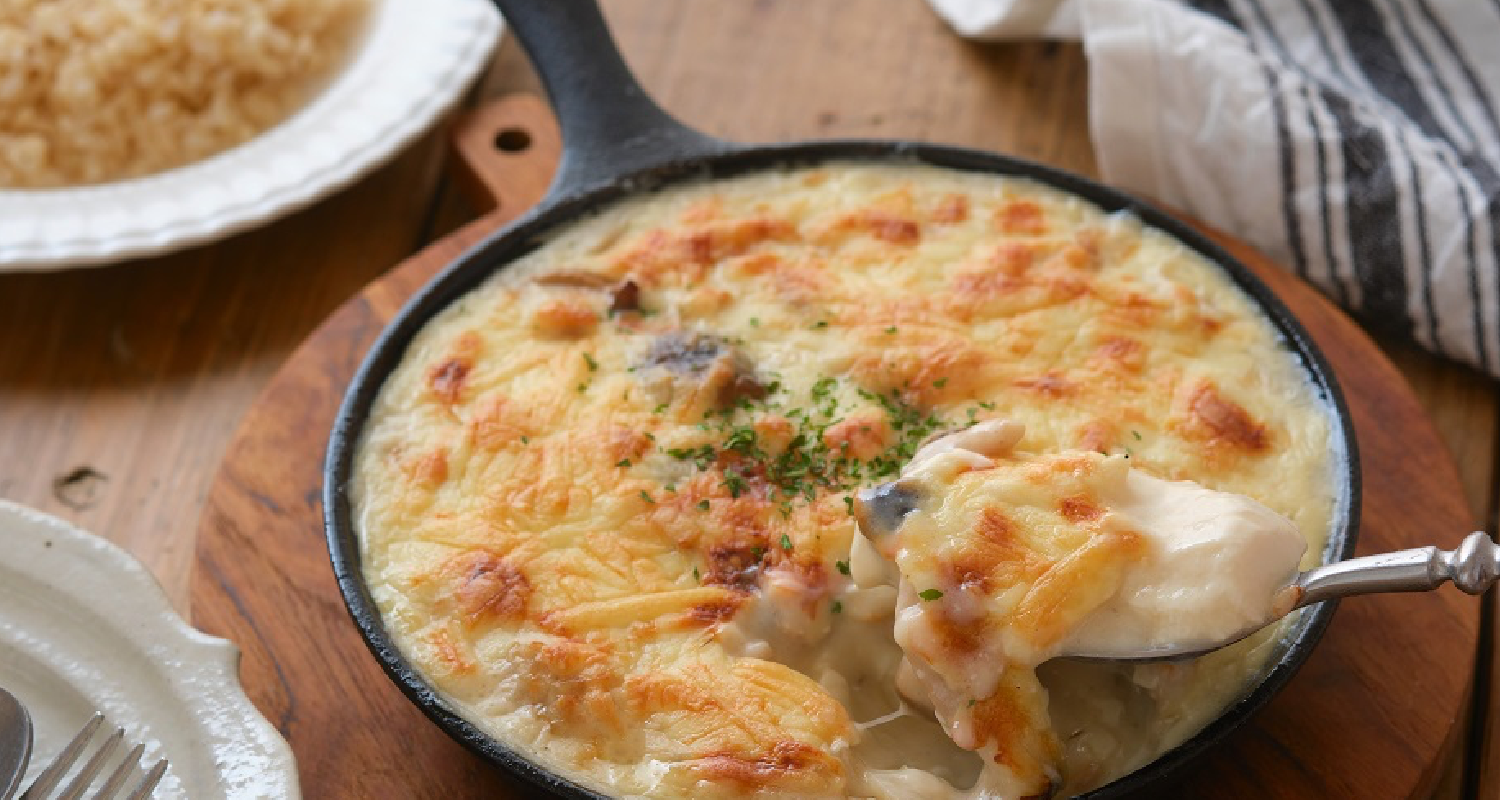 鶏ひき肉としめじの和風グラタン出来上がり