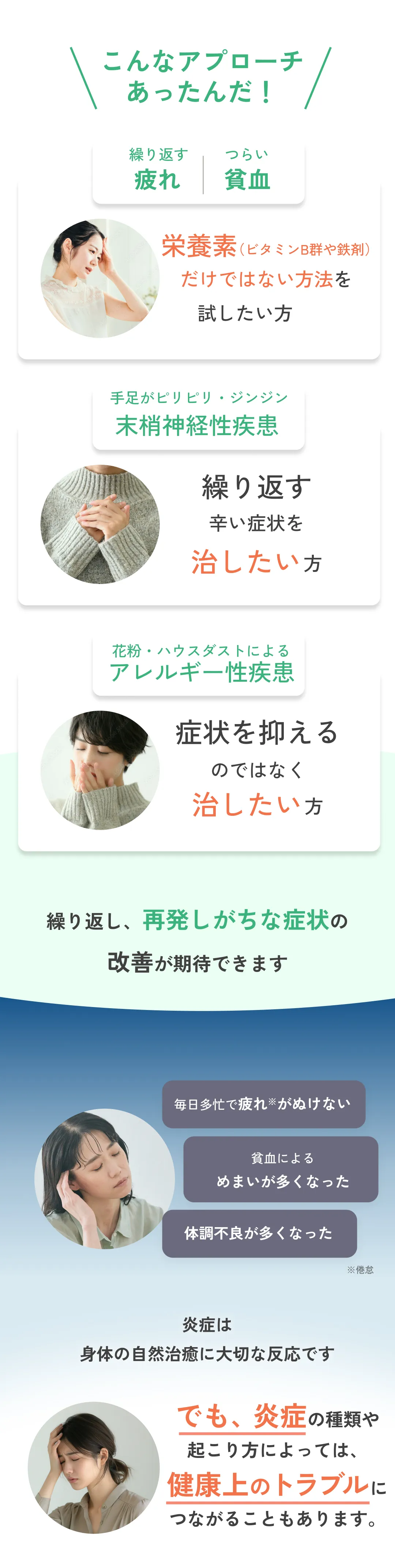 繰り返す疲れや辛い貧血に栄養素（ビタミンB群や鉄剤）だけではない方法を試したい方、花粉・ハウスダストによるアレルギー性疾患の症状を抑えるのではなく治したい方、皮膚の赤みやぶつぶつなどの急性・慢性湿疹の繰り返す辛い症状を治したい方