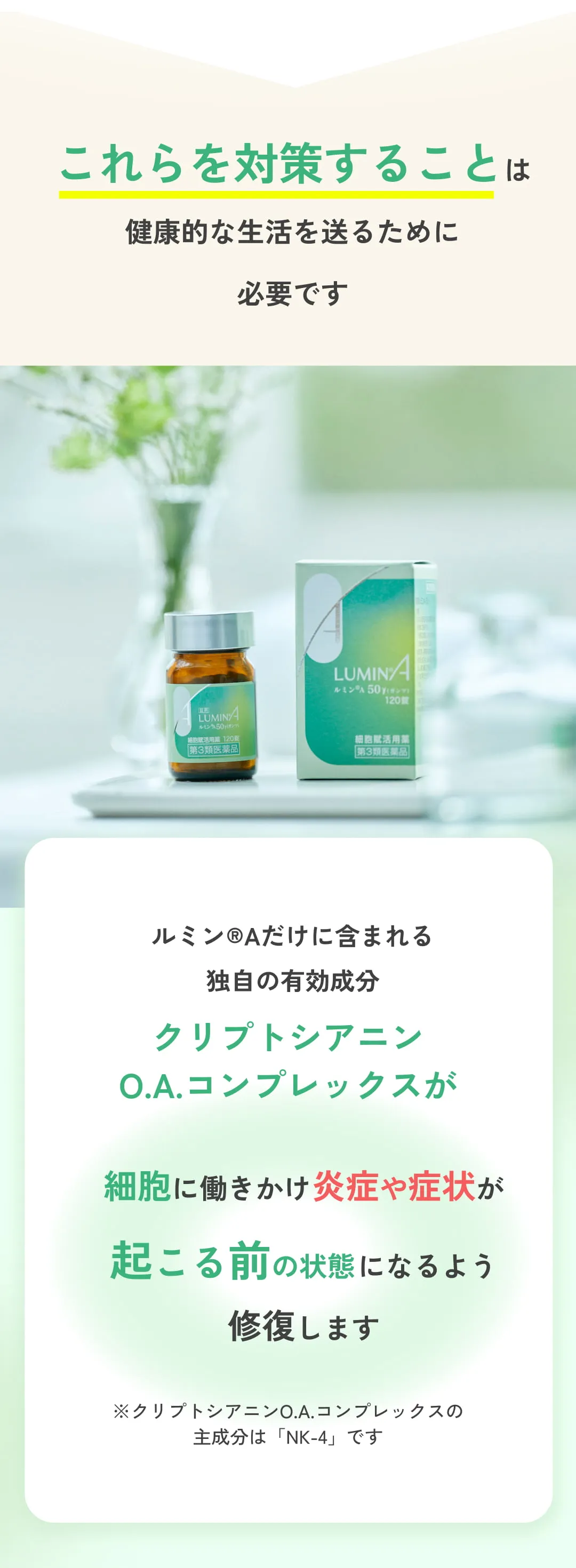 ルミン®Aだけに含まれる独自の有効成分「クリプトシアニンO.A.コンプレックス」が細胞に働きかけ炎症や症状が
起こる前の状態になるよう修復します。※クリプトシアニンO.A.コンプレックスの主成分は「NK-4」です。