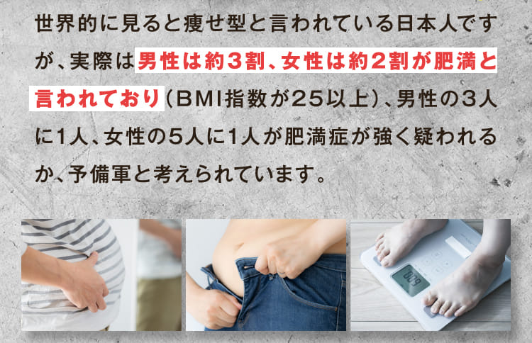 男性は約3割、女性は約2割が肥満と言われており
