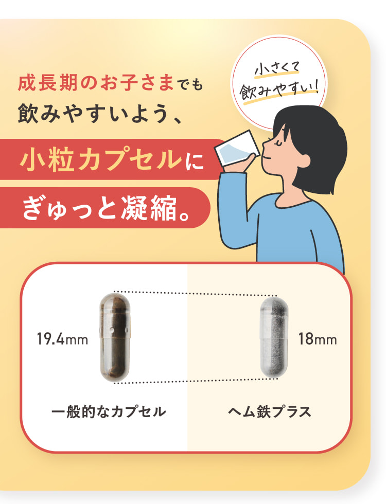 成長期のお子さまでも飲みやすいよう、小粒カプセルにぎゅっと凝縮。