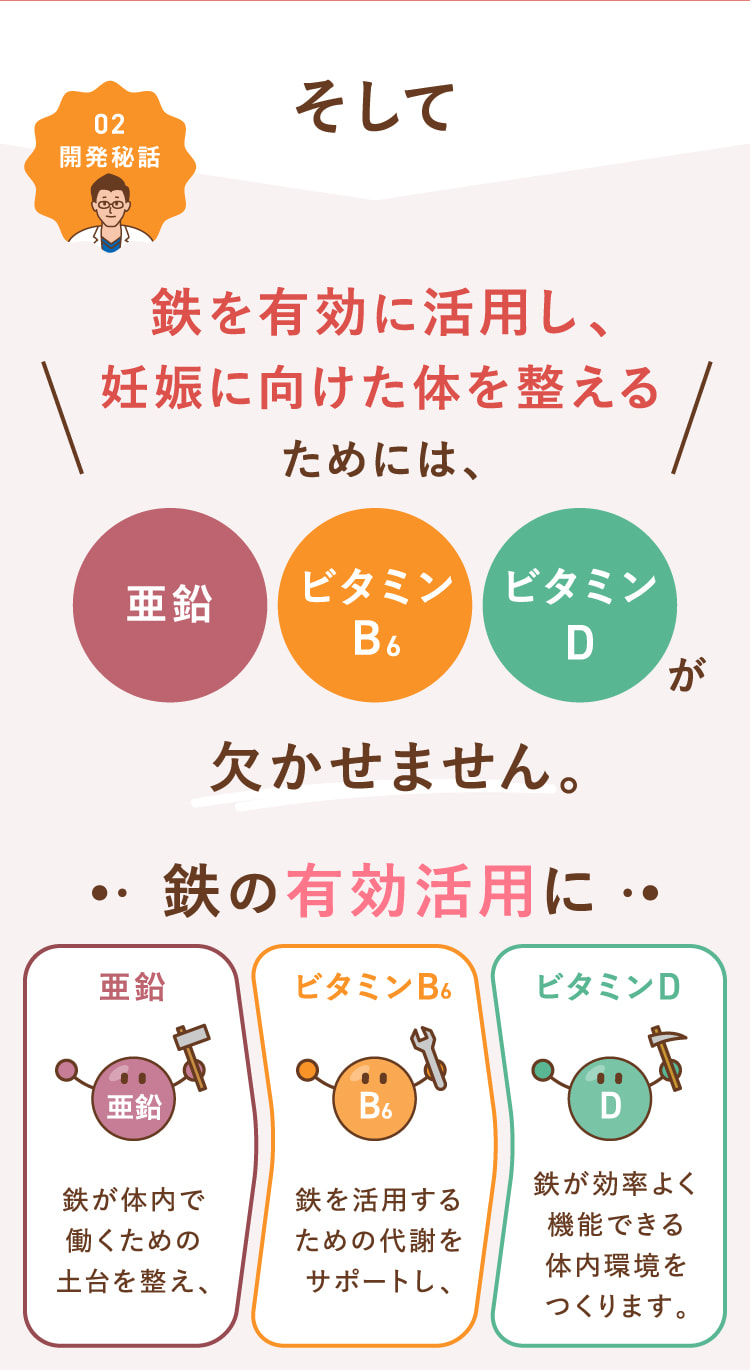 鉄を有効に活用し、妊娠に向けた体を整えるためには、亜鉛・ビタミンB6・ビタミンDが欠かせません。