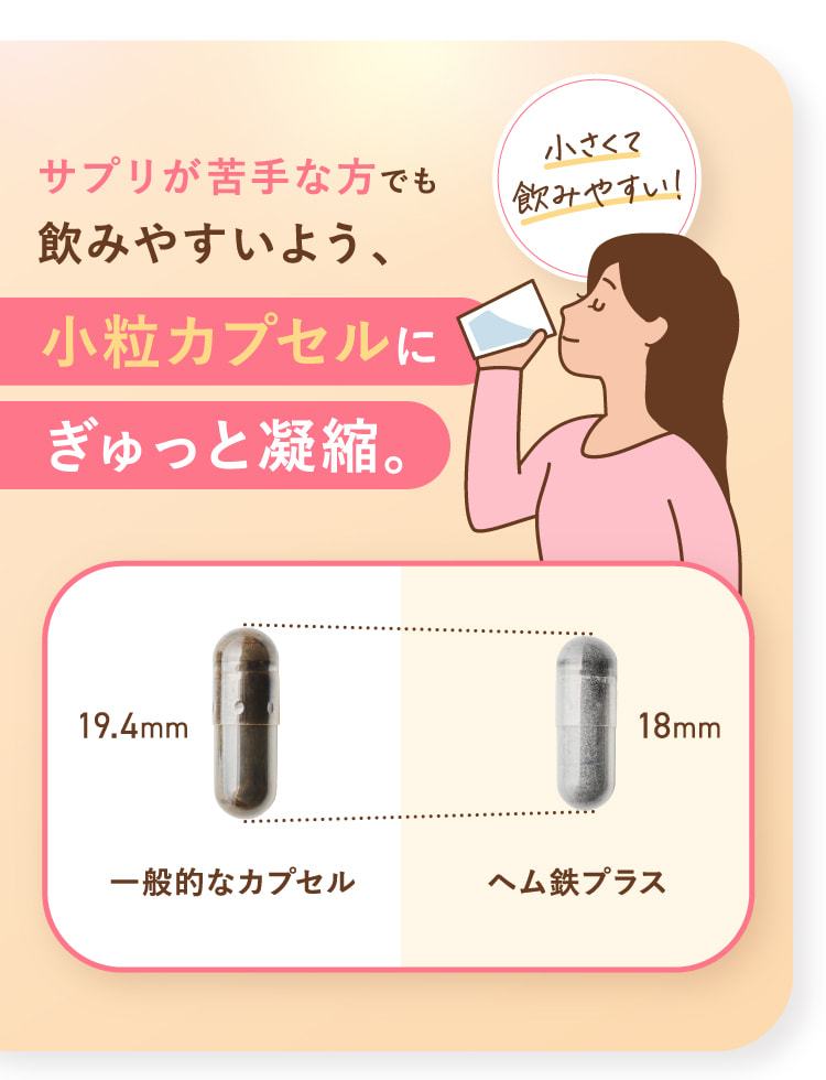 サプリが苦手な方でも飲みやすいよう、小粒カプセルにぎゅっと凝縮。