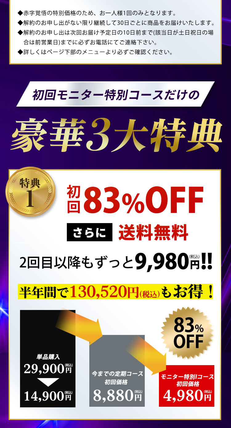 初回限定モニターコースだけに豪華特典をご用意。初回はなんと83%OFFの4,980円(税込)