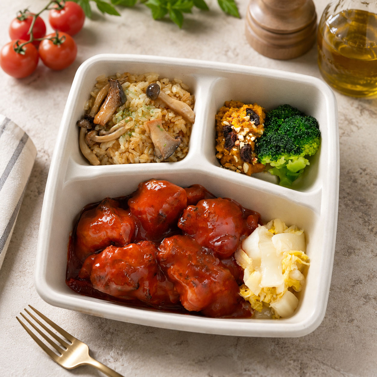 大山鶏ノンフライ唐揚げ　完熟トマトソース弁当