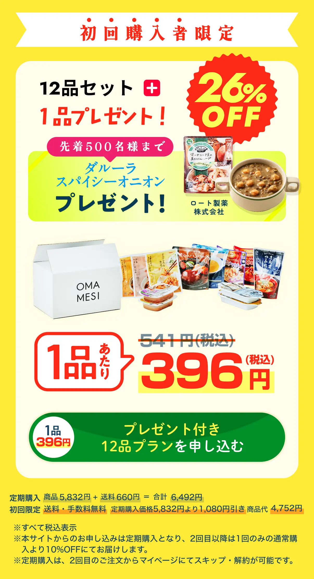 初回購入者限定。12品セット+1品プレゼント。26%OFF。12品プランを申し込む。
