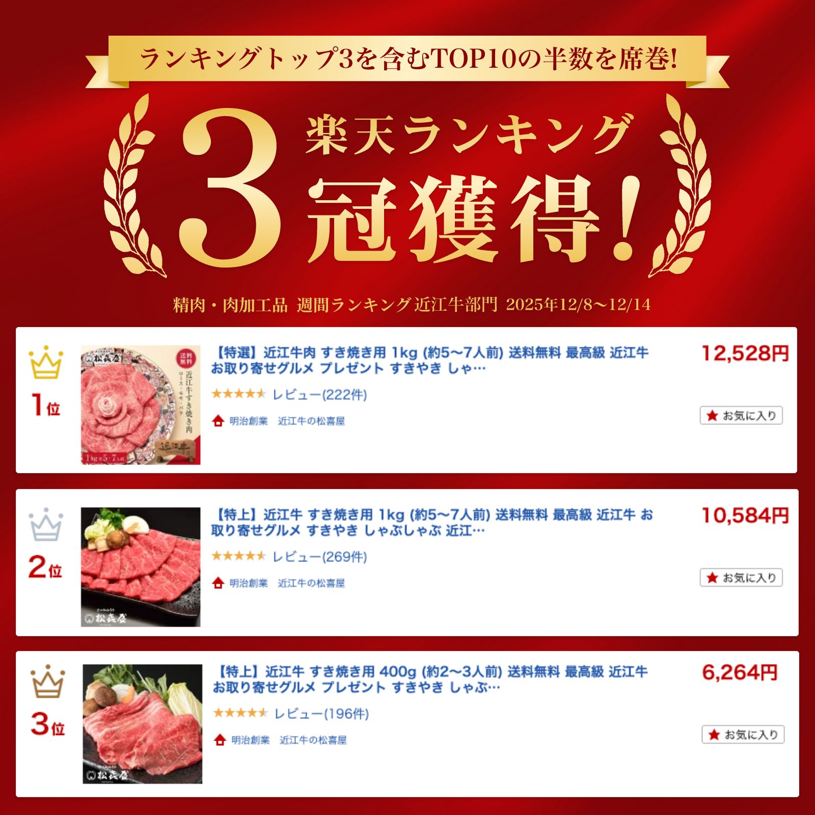 【特上】近江牛肉 すき焼き肉 500g (約3人前)