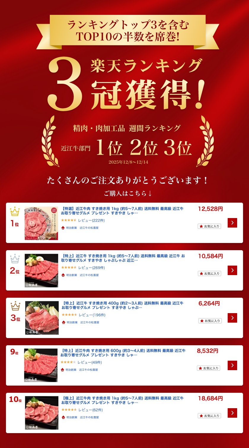 【特選】近江牛肉 すき焼き肉 1kg (約5〜7人前)