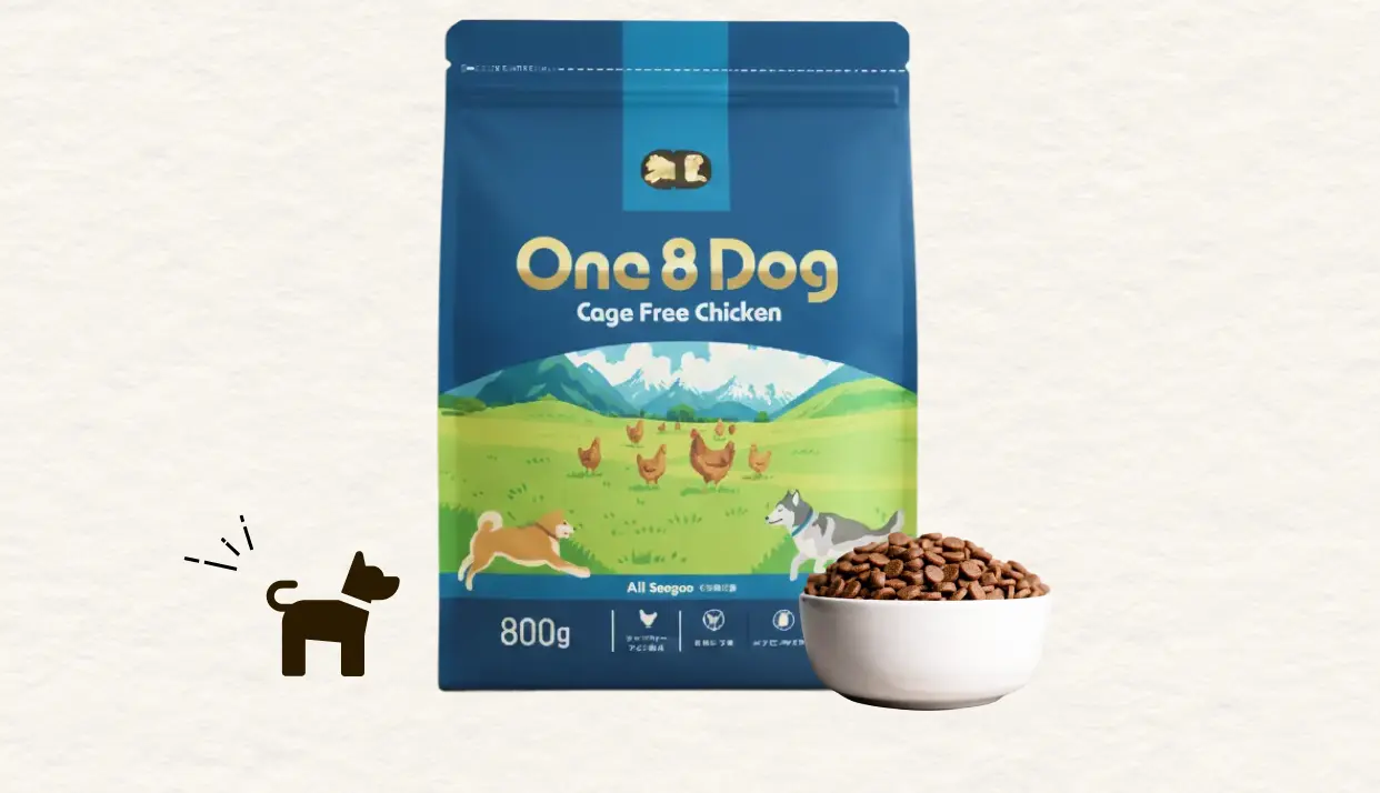 One 8 Dog Cage Free Chickenのパッケージとドッグフードが盛られた白い器