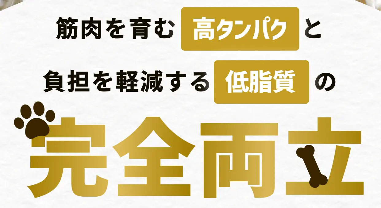 筋肉を育む高タンパク と負担を軽減する低脂質の 一生走れる健康を目指す黄金比フードできました