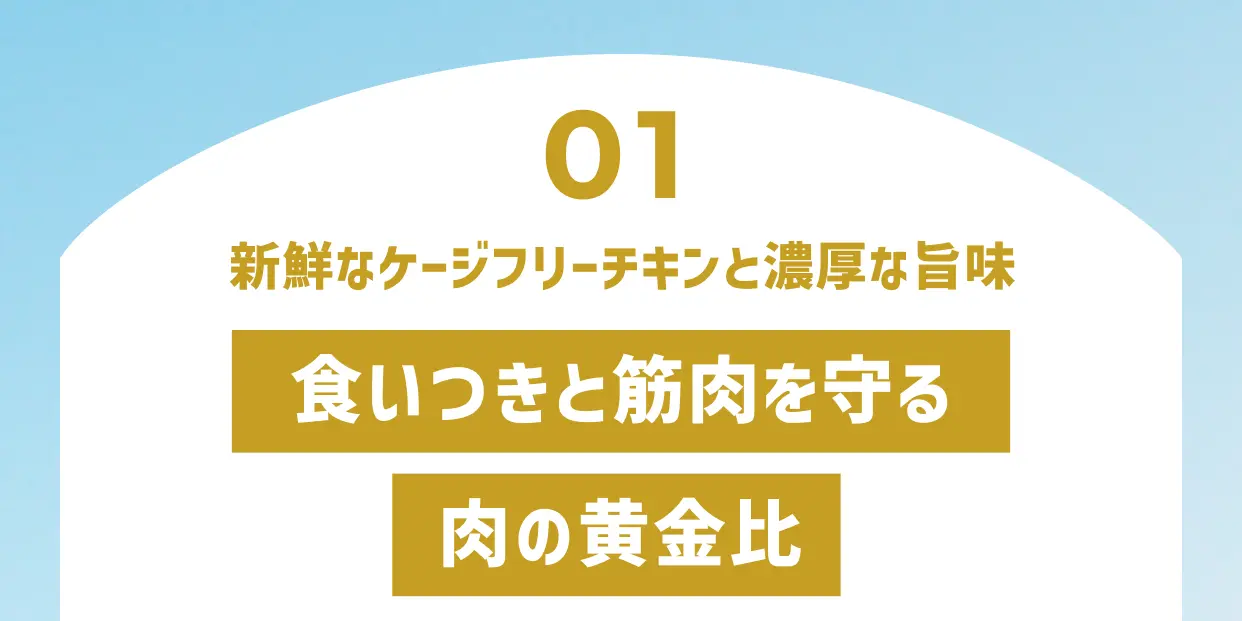 01 新鮮なケージフリーチキンと濃厚な旨味 食いつきと筋肉を守る肉の黄金比