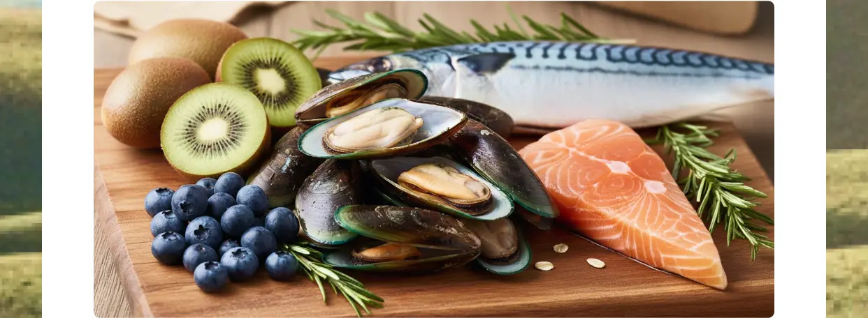 緑イ貝 ブルーベリー キウイ サーモン サバなどのスーパーフード素材