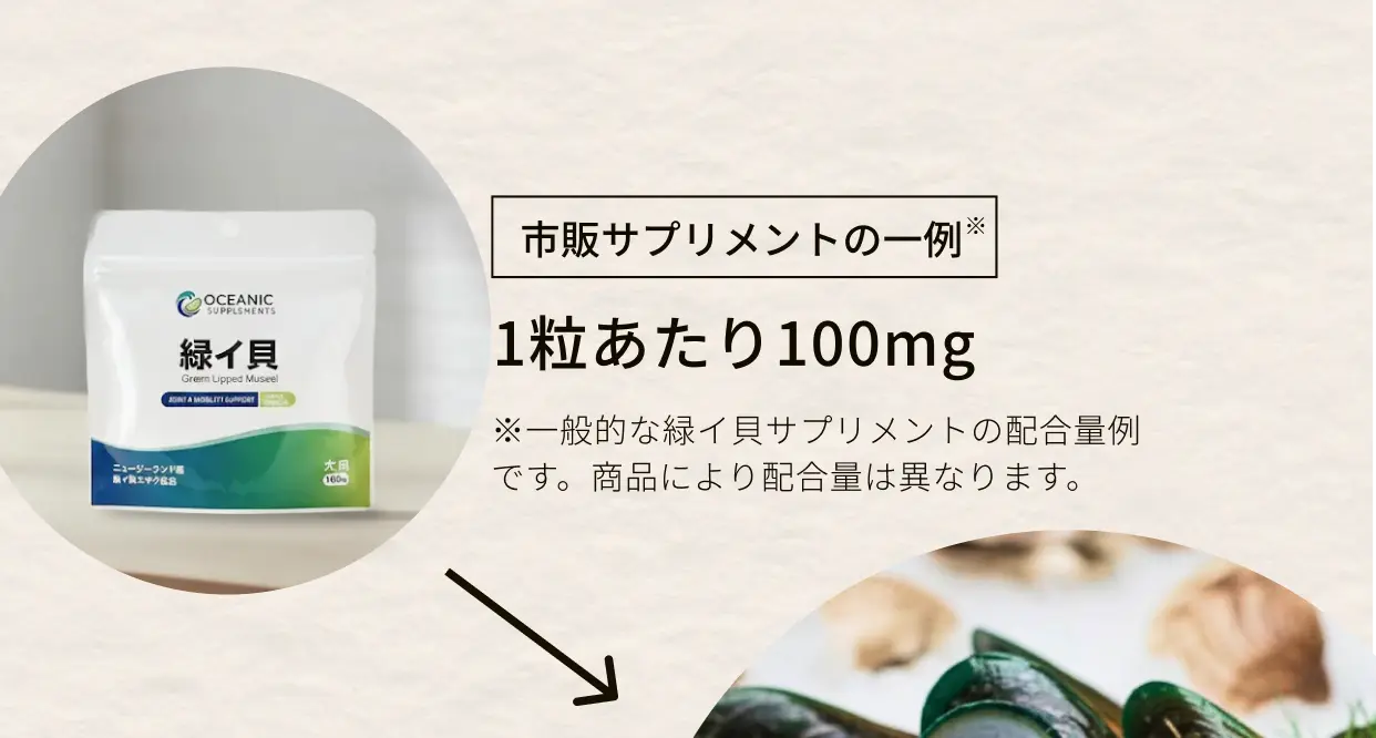 市販サプリメントの一例※1粒あたり100mg※一般的な緑イ貝サプリメントの配合量例です。商品により配合量は異なります。