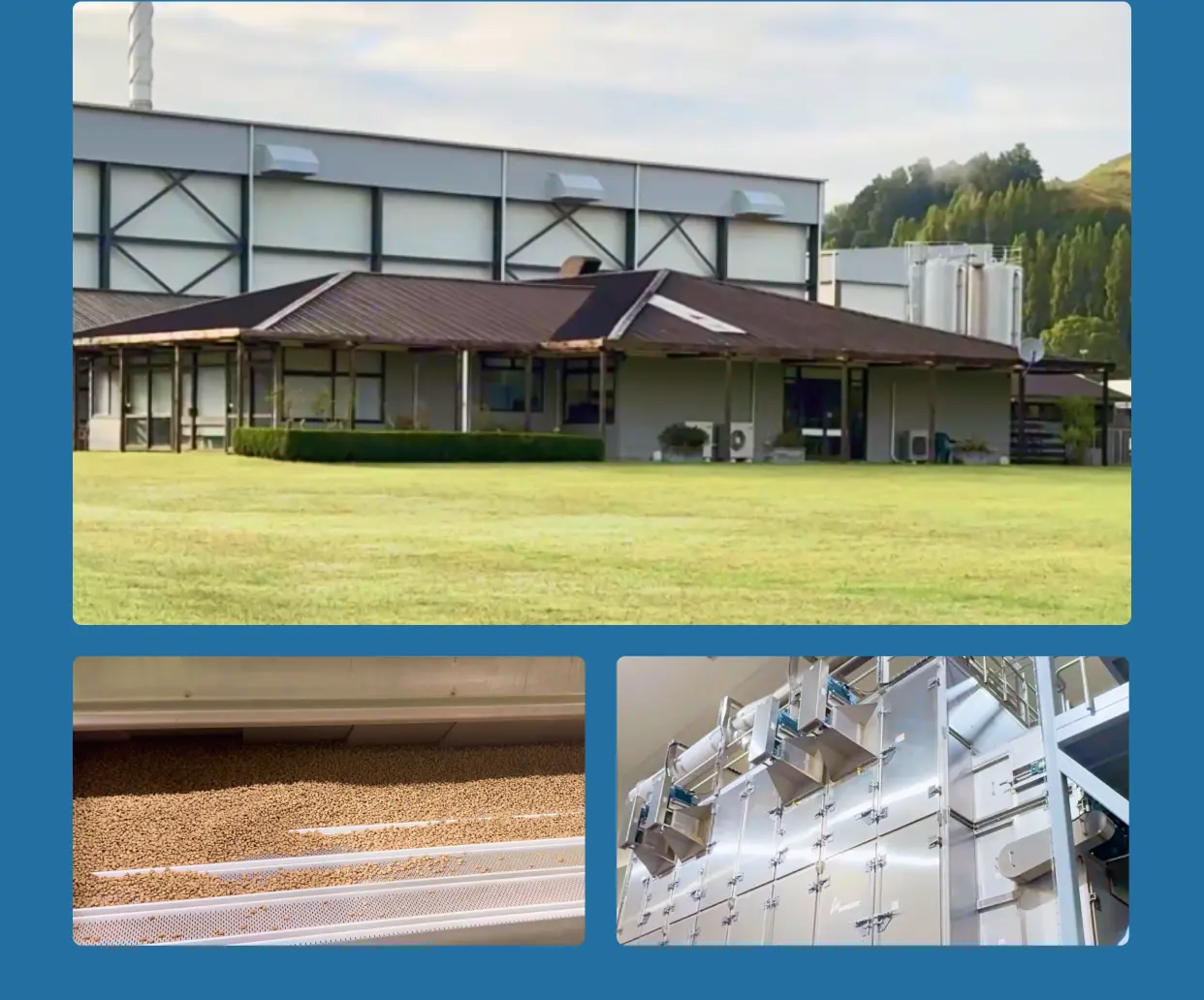 ニュージーランドのドッグフード製造工場の外観と内部設備