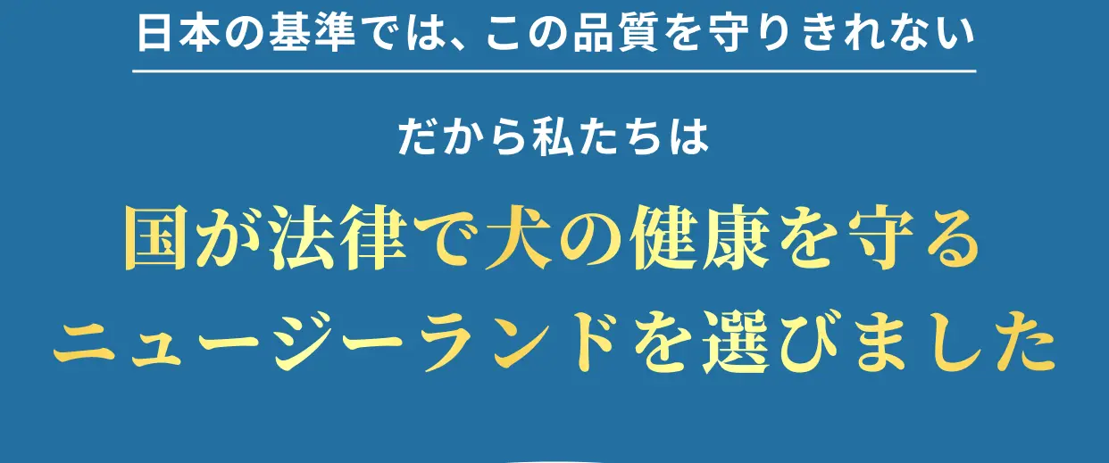 日本の基準では、この品質を守りきれない だから私たちは国が法律で犬の健康を守るニュージーランドを選びました