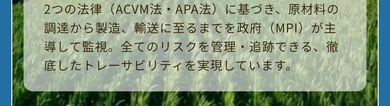 2つの法律（ACVM法・APA法）に基づき、原材料の調達から製造、輸送に至るまでを政府（MPI）が主導して監視。全てのリスクを管理・追跡できる、徹底したトレーサビリティを実現しています。