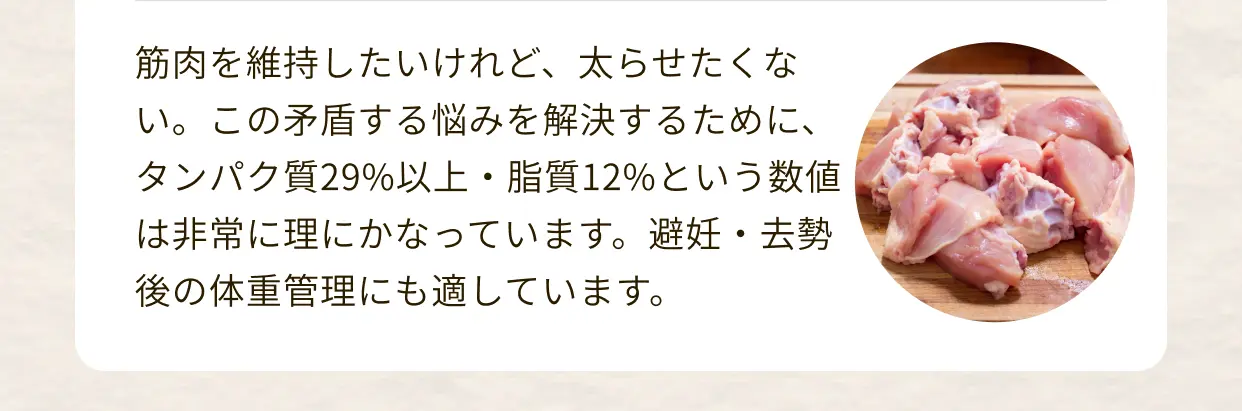 筋肉を維持したいけれど、太らせたくない。この予盾する悩みを解決するために、タンパク質29%以上・脂質12%という数値は非常に理にかなっています。避妊・去勢後の体重管理にも適しています。
