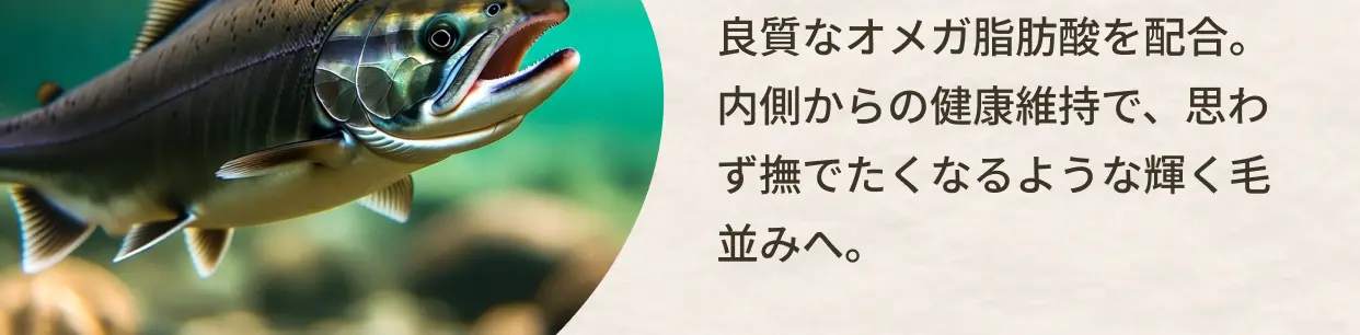 良質なオメガ脂肪酸を配合。内側からの健康維持で、思わず撫でたくなるような輝く毛並みへ。