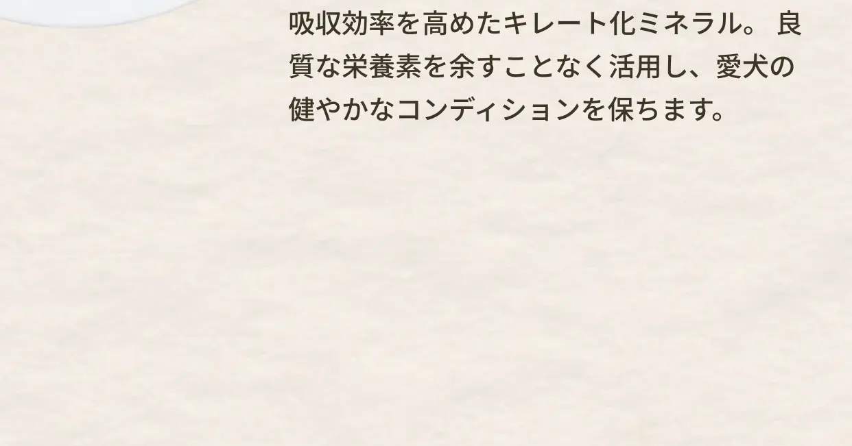 吸収効率を高めたキレート化ミネラル。良質な栄養素を余すことなく活用し、愛犬の健やかなコンディションを保ちます。