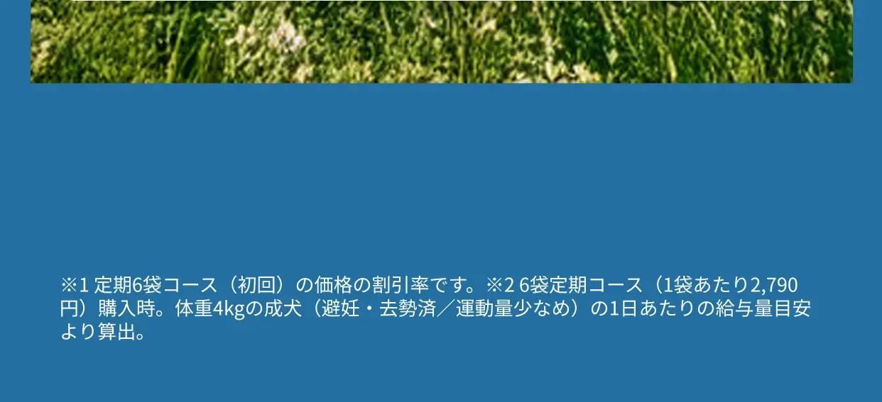 ※1 定期6袋コース（初回）の価格の割引率です。※2 6袋定期コース（1袋あたり2,790円）購入時。体重4kgの成犬（避妊・去勢済／運動量少なめ）の1日あたりの給与量目安より算出。