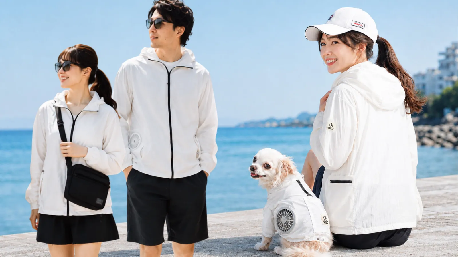 Japanese fan jacket for humans, worn with a matching dog cooling suit