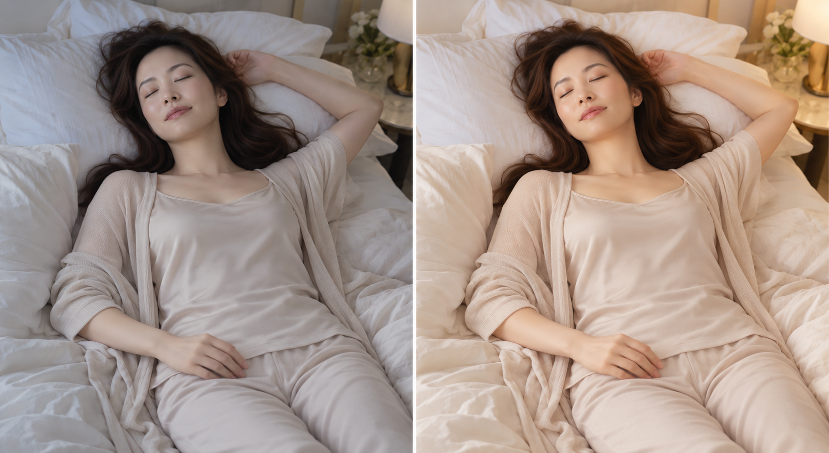 ベッドで眠る女性の比較