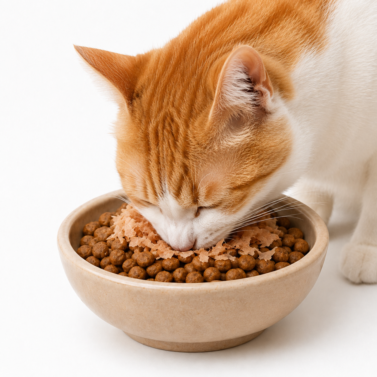 かつおフレークをかけたごはんを食べる猫