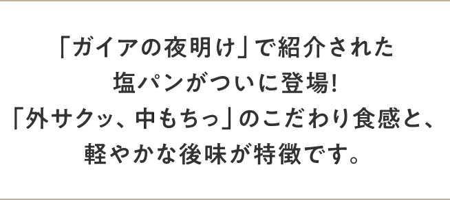 「ガイアの夜明け」で紹介された塩パンがついに登場！「外サクッ、中もちっ」のこだわり食感と、軽やかな後味が特徴です。