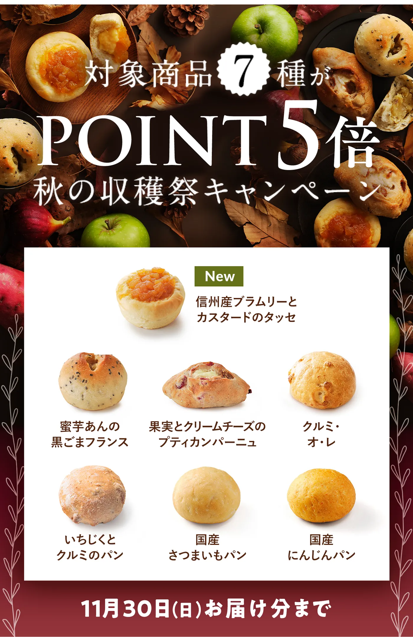 対象商品7種がPOINT5倍 秋の収穫祭キャンペーン 信州産プラムリーとカスタードのタッセ 蜜芋あんの黒ごまフランス 果実とクリームチーズのプティカンパーニュ クルミ・オ・レ いちじくとクルミのパン 国産さつまいもパン 国産にんじんパン
