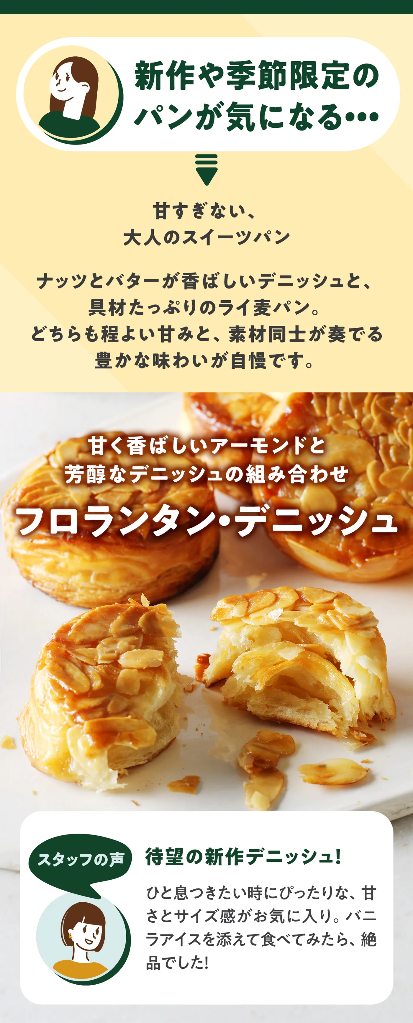 甘すぎない、大人のスイーツパン 甘く香ばしいアーモンドと芳醇なデニッシュの組み合わせ フロランタン・デニッシュ