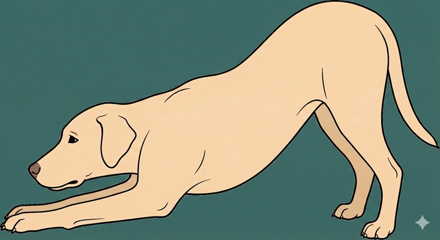 犬が前足を伸ばしてお尻を上げている、腹痛を示す祈りのポーズのイラスト