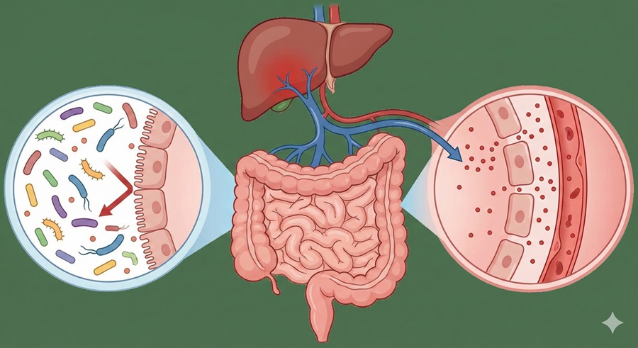 腸と肝臓のつながり（腸肝循環）と、腸漏れ（リーキーガット）によって毒素が肝臓へ流れる様子を示した図解イラスト