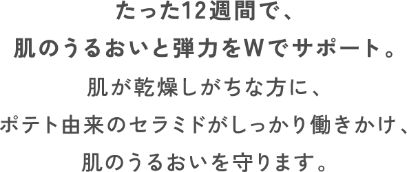 たった12週間で、肌のうるおいと弾力をWでサポート。肌が乾燥しがちな方に、ポテト由来のセラミドがしっかり働きかけ、肌のうるおいを守ります。