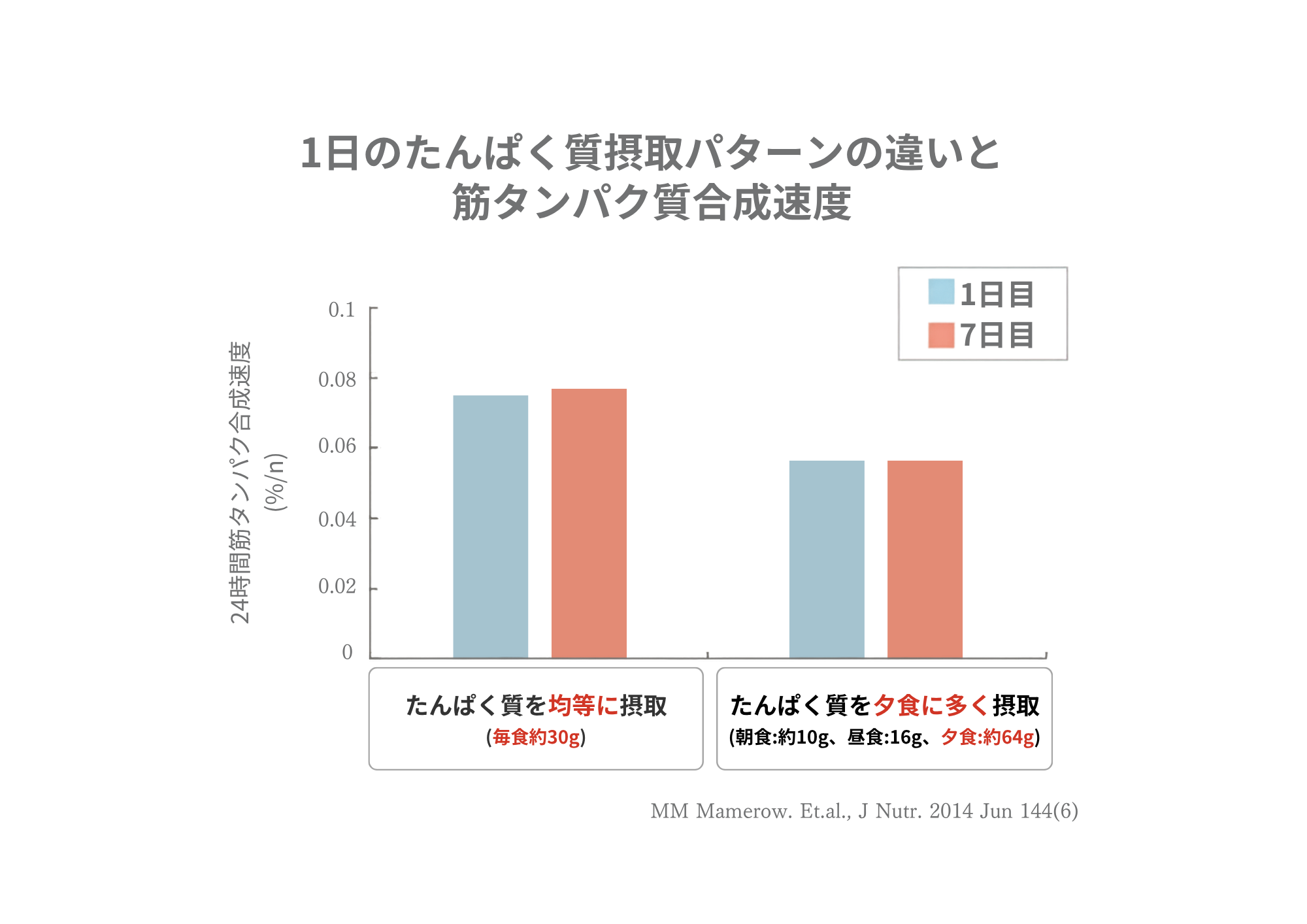 図2 1日のたんぱく質摂取パターンの違いと筋タンパク質合成速度