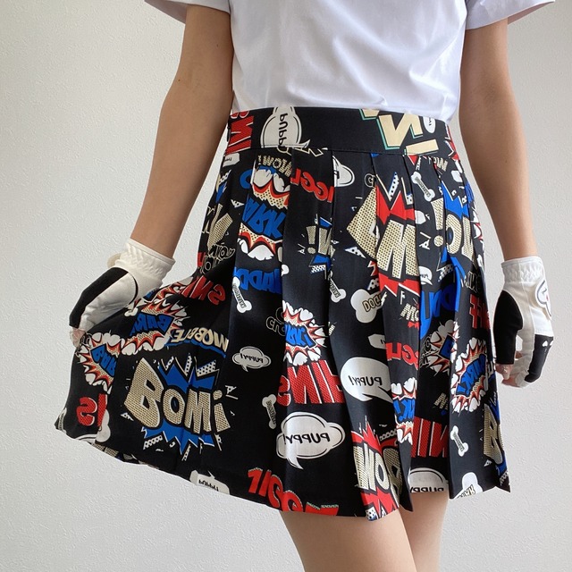総柄プリーツスカート bk