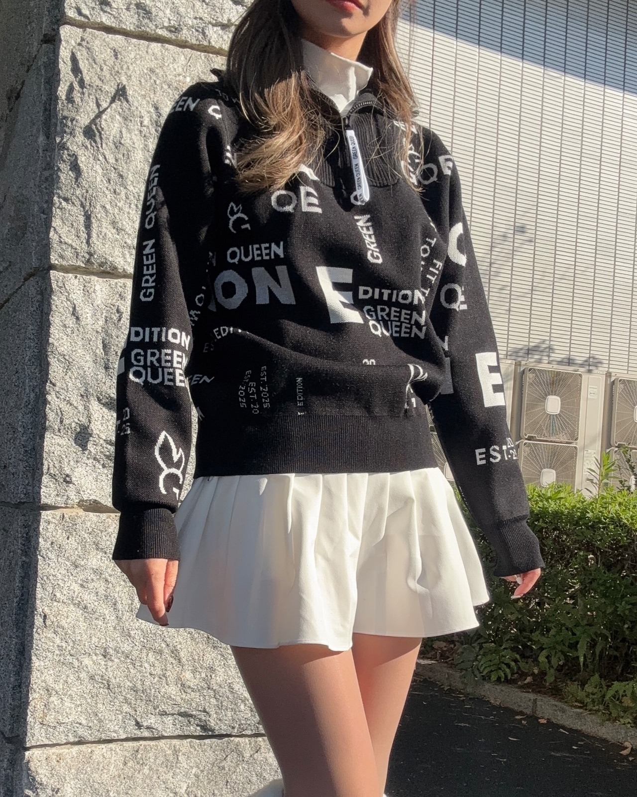 GREEN QUEEN 総柄ハーフジップセーター 