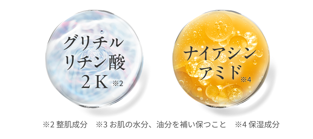 グリチルリチン酸2K(整肌成分)とナイアシンアミド(保湿成分)の成分イメージ